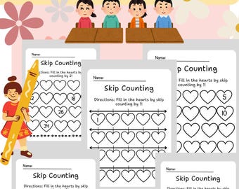 May include: A printable worksheet with five different skip counting activities. Each activity features a row of hearts with numbers to fill in. The activities include skip counting by 2, 5, and 10. The worksheet is designed for children learning to count.