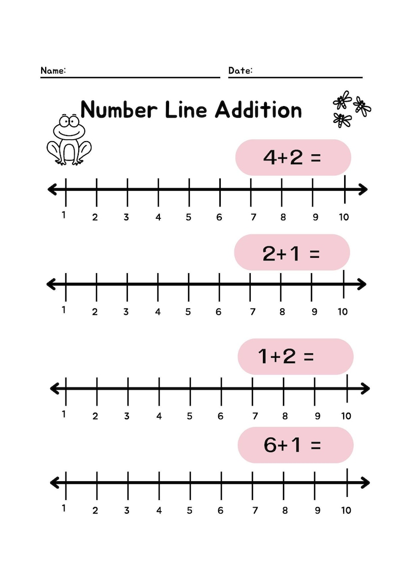 May include: A black and white worksheet with a frog illustration and the text "Number Line Addition". There are four number lines with addition problems: 4+2, 2+1, 1+2, and 6+1. Each number line is labeled from 1 to 10.