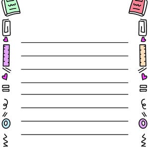 Peut inclure: Une feuille de papier rectangulaire blanche avec des lignes horizontales noires, encadrée par une bordure colorée d'illustrations sur le thème de l'école, incluant des crayons, cahiers, règles, trombones, cœurs et symboles mathématiques pastel.