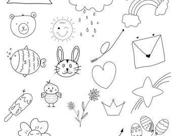 Hand Drawn Doodle Clipart Bundle: Flower, Leaf, Animal (Digital Download)