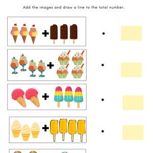 Può includere: Un foglio di lavoro con cinque problemi di addizione che presentano coni gelato e ghiaccioli. Ogni problema ha un'immagine di gelato e ghiaccioli sul lato sinistro del segno più e una casella vuota sul lato destro del segno più per la risposta.