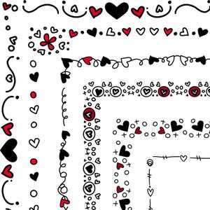 Puede incluir: Una colección de bordes y elementos decorativos con temática de corazones en negro, rojo y blanco. Los diseños incluyen varias formas de corazón, puntos y adornos, perfectos para proyectos de manualidades o diseño.