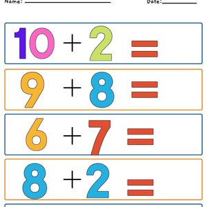May include: A worksheet with the title "addition numbers" and five addition problems with colorful numbers. The problems are 10 + 2, 9 + 8, 6 + 7, 8 + 2, and 4 + 5.