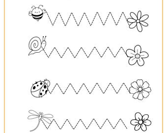 May include: Black and white worksheet with the title "Tracing and coloring". The worksheet has five lines with dotted lines for tracing. Each line has a different insect on the left side and a flower on the right side. The insects are a bee, a snail, a ladybug, a dragonfly, and a butterfly.