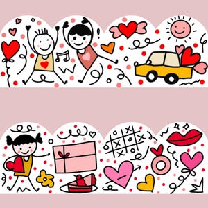 以下が含まれることがあります： ピンク色の背景に、漫画のキャラクター、ハート、黄色い車、その他の愛をテーマにした要素が描かれた遊び心のあるイラスト。デザインには、太陽、音符、ギフトボックス、ケーキのスライスが含まれており、すべて手描きのスタイルです。