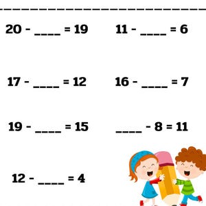 40  Printable Subtraction fill in the blanks worksheet for Kindergarten, Grade 1 and Grade 2. Math Subtraction Worksheets.