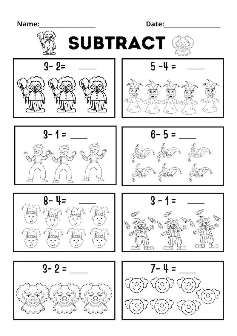 Clown Math Worksheet Picture Addition and Subtraction Worksheets: Kindergarten Homeschool ...