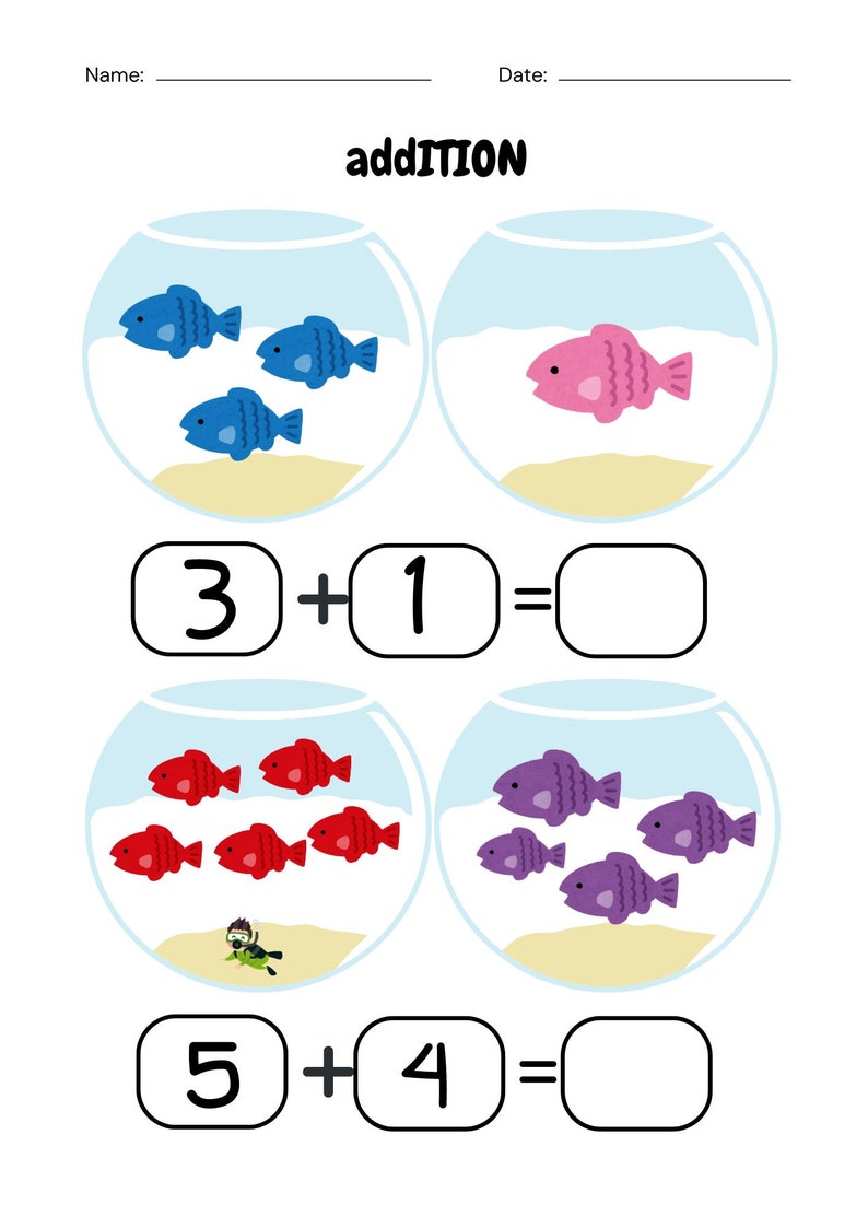 Fish Addition and Subtraction Worksheets: Kindergarten Homeschool ...