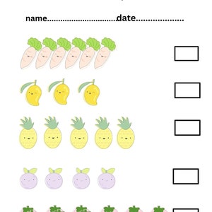 May include: A printable worksheet for kids to count the number of fruits. The worksheet features five rows of different fruits, including carrots, mangoes, pineapples, plums, and strawberries. Each row has a blank square next to it for the child to write the number of fruits in that row.
