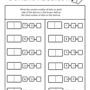 20 feuilles d&#39;exercices imprimables sur les additions Domino | Mathématiques 1re année et maternelle | Nombre Phrases Activité