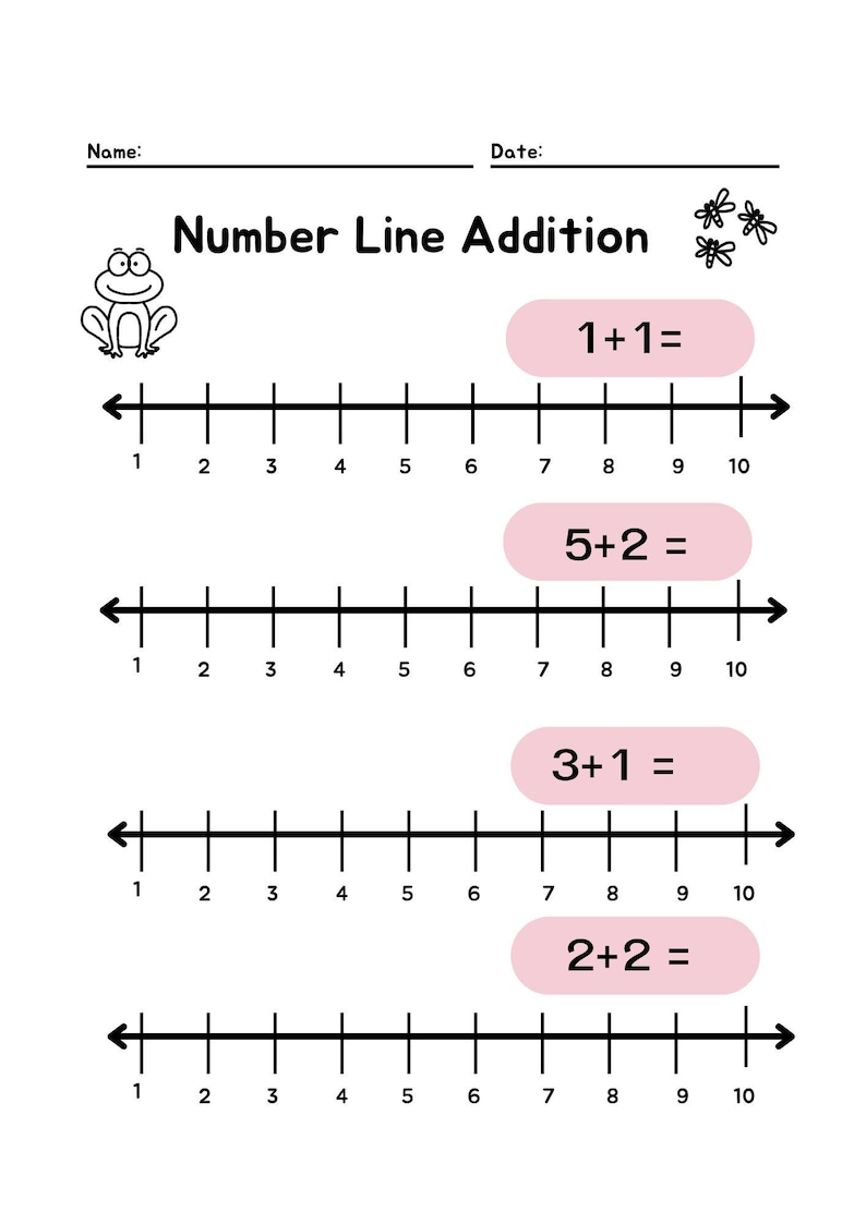 May include: A black and white worksheet with a frog illustration and the text "Number Line Addition". The worksheet has four number lines with addition problems: 1+1, 5+2, 3+1, and 2+2.