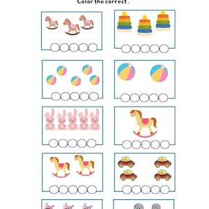 May include: A worksheet with a counting activity for kids. The worksheet features images of toys, such as rocking horses, balls, bunnies, cars, and baby carriages. The children are asked to count the number of each toy and circle the correct number.