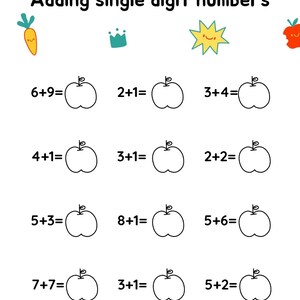 20 Single Digit Addition Worksheets: Kindergarten Math (PDF) - Etsy