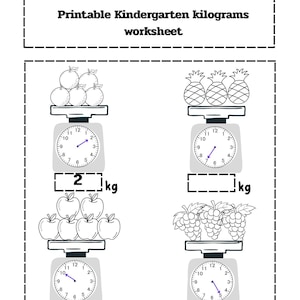 Puede incluir: Hoja de trabajo imprimible en blanco y negro para estudiantes de jardín de infancia. La hoja de trabajo presenta ilustraciones de frutas en balanzas, con el texto "Printable Kindergarten kilograms worksheet" en la parte superior. Las balanzas muestran el peso en kilogramos.