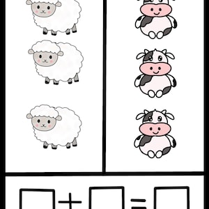 Puede incluir: Una hoja de ejercicios de matemáticas con tres ovejas blancas y esponjosas en la columna izquierda y tres vacas manchadas de blanco y negro en la derecha. Debajo de los animales, hay una ecuación de suma con tres cuadros vacíos y signos.