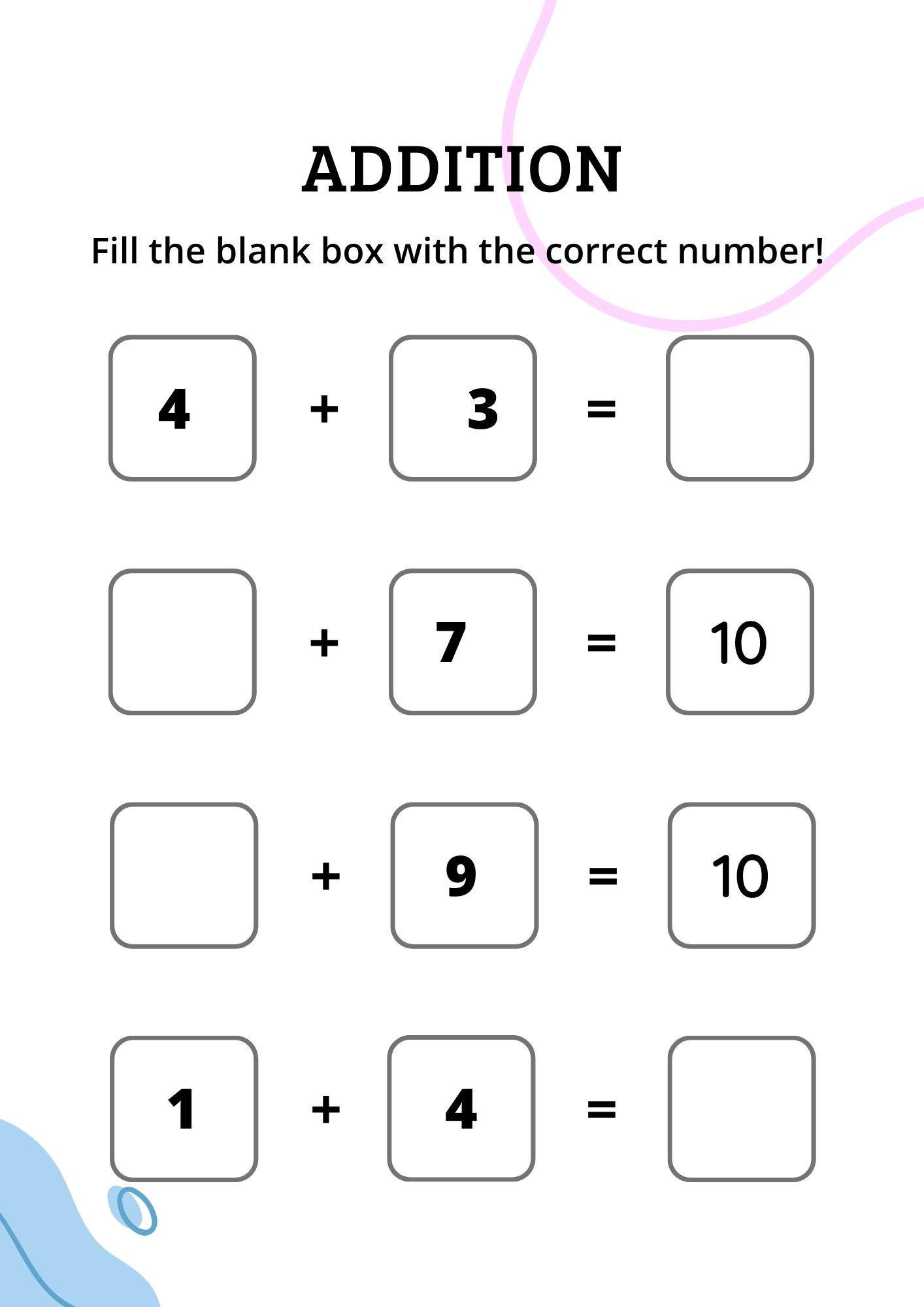 Missing Addends 1-10 Worksheet: Math Practice (digital Download) - Etsy