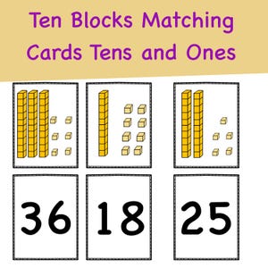 Puede incluir: Tarjetas educativas de emparejamiento con el texto "Ten Blocks Matching Cards Tens and Ones". Las tarjetas presentan bloques amarillos que representan decenas y unidades, emparejados con valores numéricos correspondientes. Se muestran los números 36, 18 y 25.