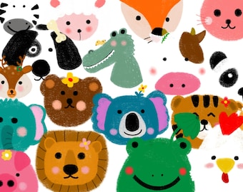 Animal Faces Clipart, Watercolor PNG Bundle (Digital Download)
