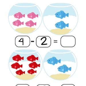 Może przedstawiać: Arkusz pracy z dwoma zadaniami odejmowania przedstawiającymi ryby w akwariach. Pierwsze zadanie to 4 - 2 =, a drugie to 6 - 2 =.