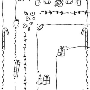 May include: A black and white line drawing of Christmas-themed decorations. The image includes ornaments, gifts, candy canes, a car, and Christmas trees. The decorations are arranged in a festive pattern.