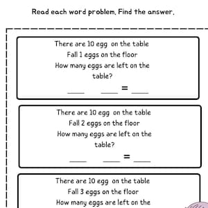 Puede incluir: Una hoja de trabajo con tres problemas de palabras sobre huevos. Cada problema pregunta cuántos huevos quedan en la mesa después de que algunos se caen. El primer problema dice "Hay 10 huevos en la mesa Caen 1 huevo en el suelo ¿Cuántos huevos quedan en la mesa?" El segundo problema dice "Hay 10 huevos en la mesa Caen 2 huevos en el suelo ¿Cuántos huevos quedan en la mesa?" El tercer problema dice "Hay 10 huevos en la mesa Caen 3 huevos en el suelo ¿Cuántos huevos quedan en la mesa?"