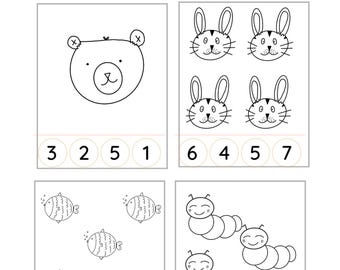 以下が含まれることがあります： 「数えて絵」というタイトルの白黒のワークシート。ワークシートには、それぞれ異なる農場動物が描かれた4つのボックスがあります。動物はクマ、ウサギ、魚、イモムシです。各ボックスの下には1から7までの数字が書かれています。ユーザーは、各ボックス内の農場動物を数えて、正しい数字に印をつけるように指示されています。