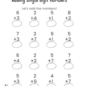 20 Printable Addition Worksheets, Math Worksheets, Single Digit Addition Printable, Adding Numbers, Find Sum, Mathematics, Kindergarten,