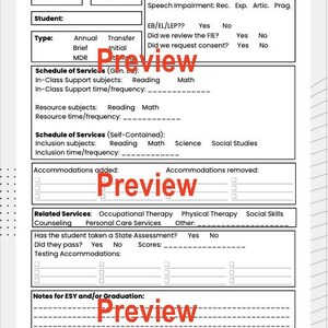 Puede incluir: Un formulario imprimible en blanco y negro titulado "Meeting Notes" con secciones para información del estudiante, elegibilidad, calendario de servicios, adaptaciones, servicios relacionados y notas para ESY y/o graduación.