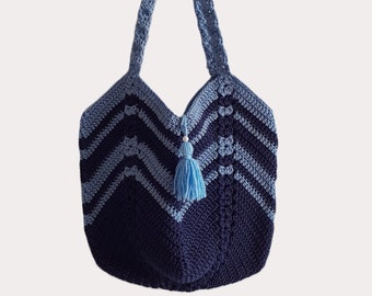 Boho gehaakte tulp schoudertas, draagtas, zomer gebreide tas, kleurrijke blauwe tas