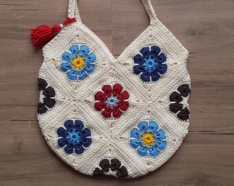 Colorful Floral Bag, Hobo Crochet Afghan Bag, Granny Square Crochet Bag, Beige Summer Bag with Knitted African Flower Motifs