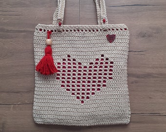 Heart Bag, Hobo Crochet Afghan Tote Bag, Granny Square, Crochet Bag, Beige Red Shoulder Bag, Summer Bag