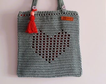 Heart Bag, Knitted Summer Bag, Hobo Crocheted Afghan Tote Bag, Granny Square, Crocheted Bohemian Bag, Green Red Shoulder Bag
