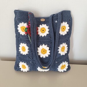 Crochet Daisy Shoulder Bag - Blue Floral Macrame Tote, Boho Handbag