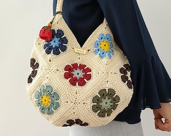 Beige Crochet Tote Bag, Floral Granny Square Handmade Purse