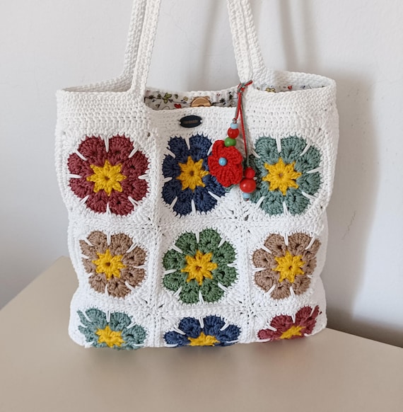 Colorful African Flower Crochet Bag – White Macrame Afghan Tote