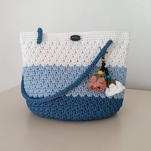 Crochet Bucket Bag - Blue & White Macrame Boho Crossbody Purse