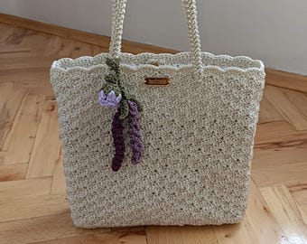 Beige Crochet Shoulder Tote, Handmade Granny Stitch Bag, Elegant Boho Summer Purse