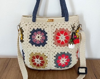 Florale Oma Quadrat Häkeltasche, Boho Schulter & Crossbody