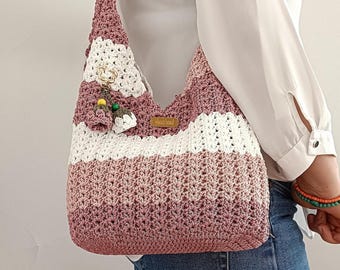 Pink White Striped Crochet Bag, Adjustable Strap Boho Crossbody, Lined Shoulder Hobo Bag