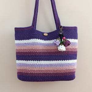 Boho Crochet Macrame Tote Bag - Purple Pink Striped Shoulder Purse