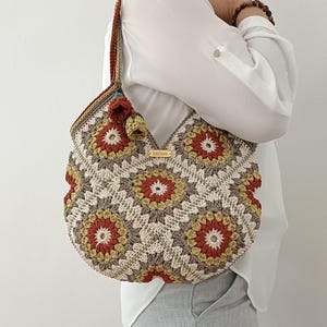 Crochet Sunflower Granny Square Bag, Boho Handmade Shoulder Bag, Lined Beige Purse