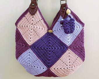 Purple Granny Square Crochet Tote, Boho Shoulder Bag, Colorful Handmade Purse