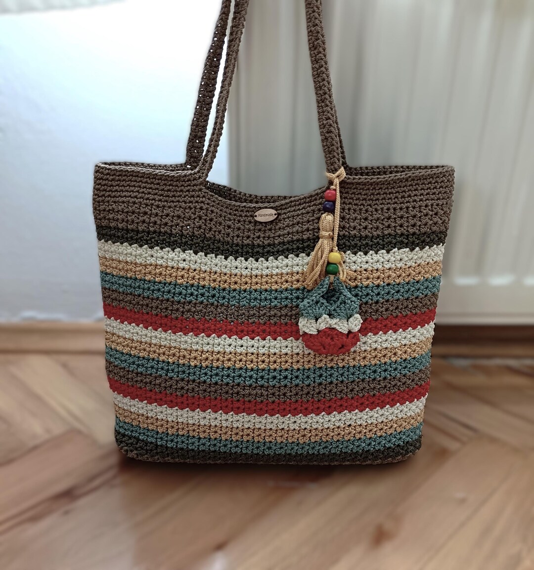 Bohemian Hand-Crocheted Color Block Tote Bag