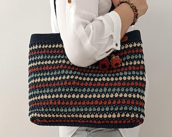 Navy Striped Crochet Tote, Puff Stitch Handmade Shoulder