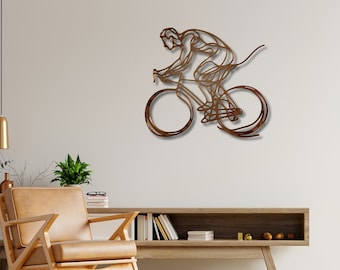 Abstracte metalen muurkunst wielrenner: minimalistische fietssculptuur