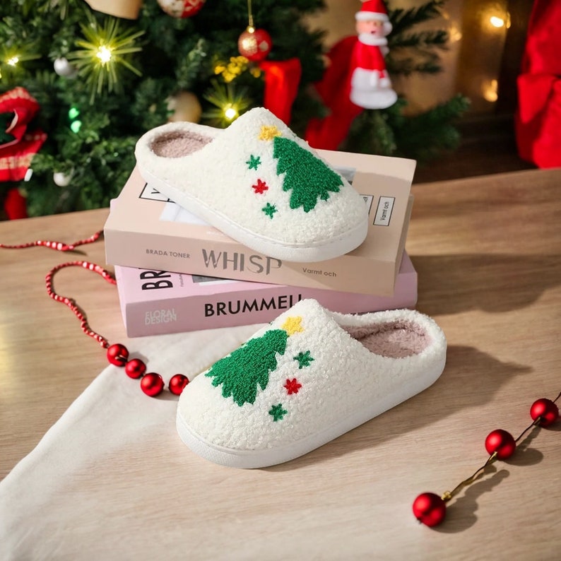 Cute Christmas Tree Slippers Christmas Slippers Fluffy Cozy Etsy UK