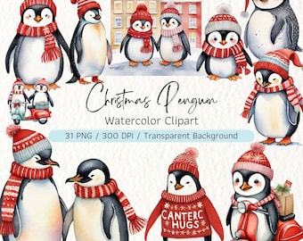 Watercolor Cute Christmas Penguin Clipart,Christmas Penguin PNG,Winter Penguin Png,Cute Penguin Graphics, Christmas Animals,Commercial Use