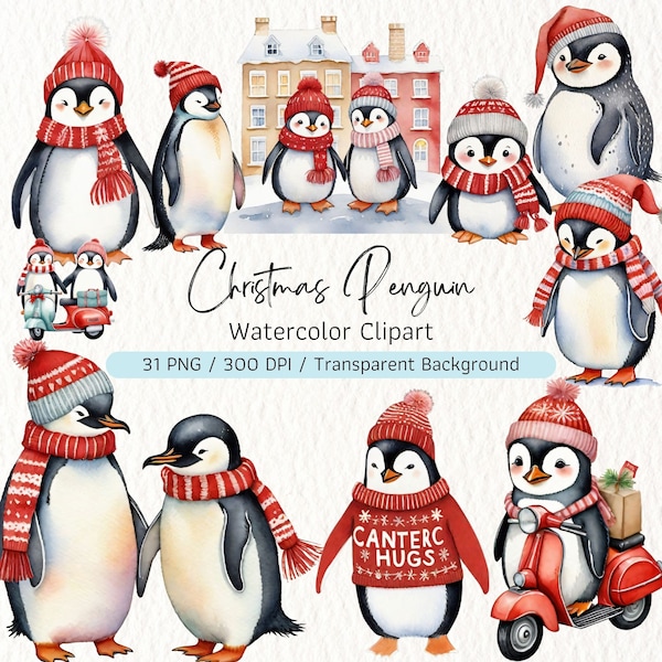 Watercolor Cute Christmas Penguin Clipart,Christmas Penguin PNG,Winter Penguin Png,Cute Penguin Graphics, Christmas Animals,Commercial Use