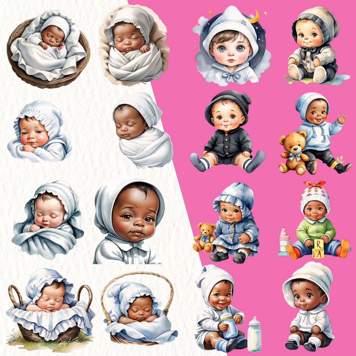 Cute Babies Bonnet Watercolor Clipart, Baby Shower Watercolor Clipart ...
