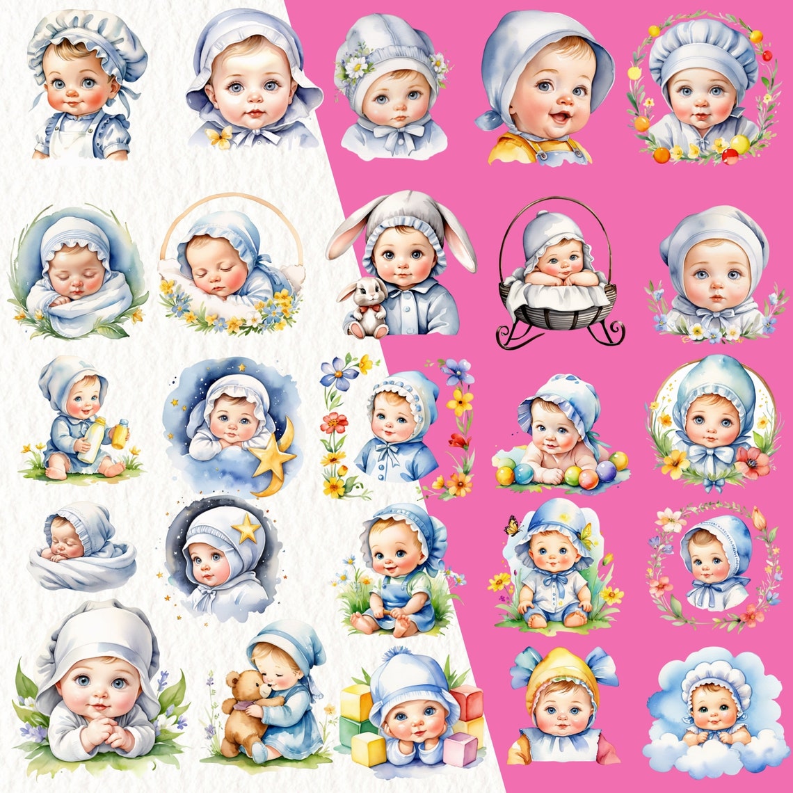 Cute Babies Bonnet Watercolor Clipart, Baby Shower Watercolor Clipart ...